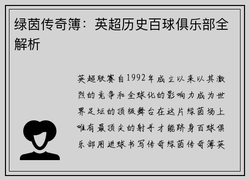 绿茵传奇簿：英超历史百球俱乐部全解析